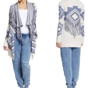 P.J. SALVAGE cream & blue southwest tribal fringe open cardigan size medium